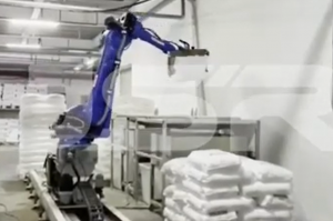 Industrial robots automatically depalletize plastic pellets